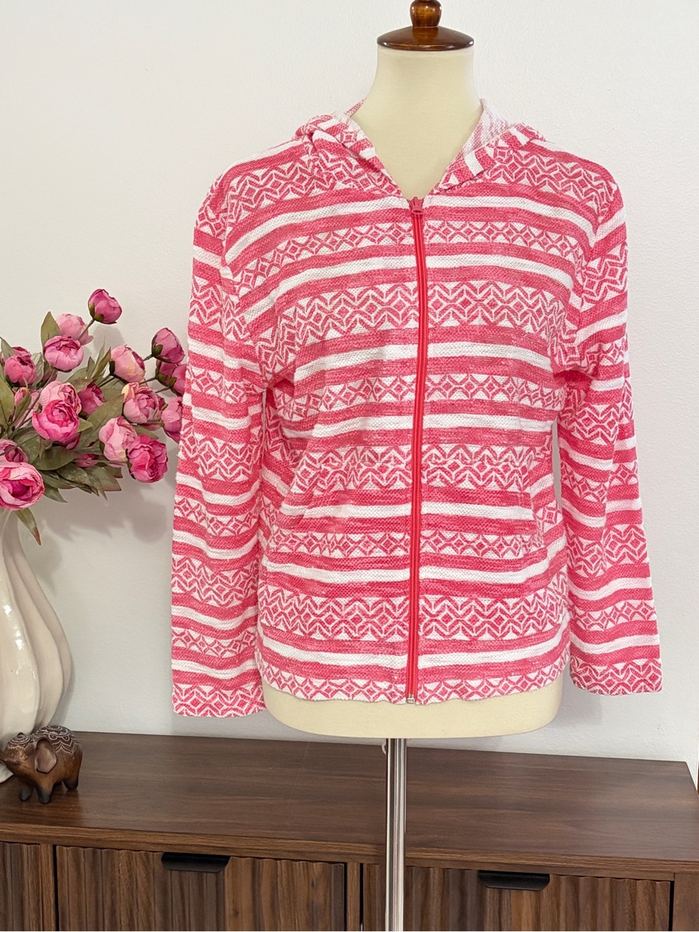 Lulu-B Pink and White Striped Hoodie Zippered Lightweight